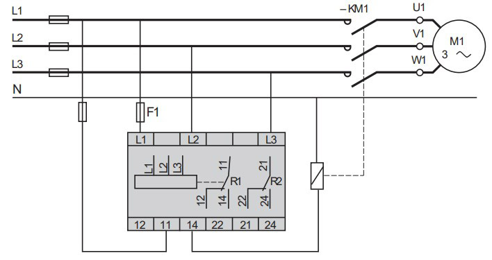 دیاگرام اتصالات در رله کنترل فاز RM35TF30